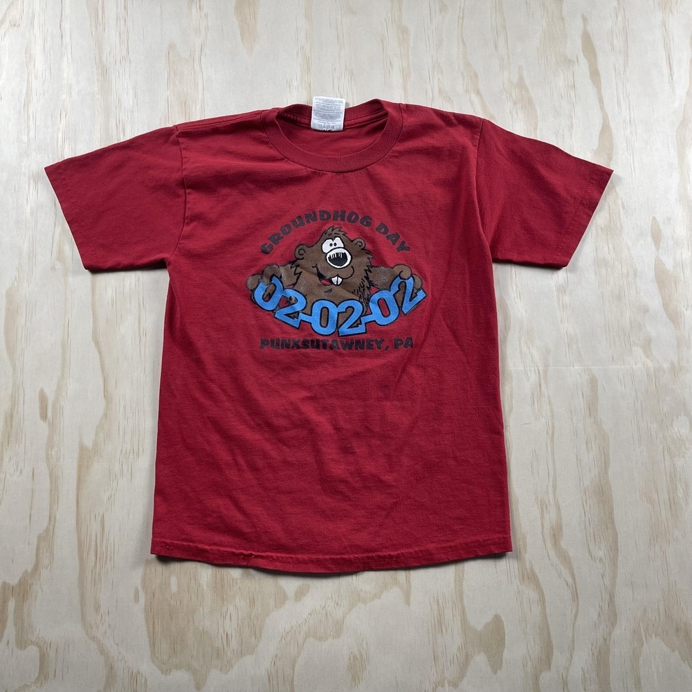 Vintage 2002 Jerzees Groundhog Day Shirt Youth Medium Red Graphic Tee T-Shirt